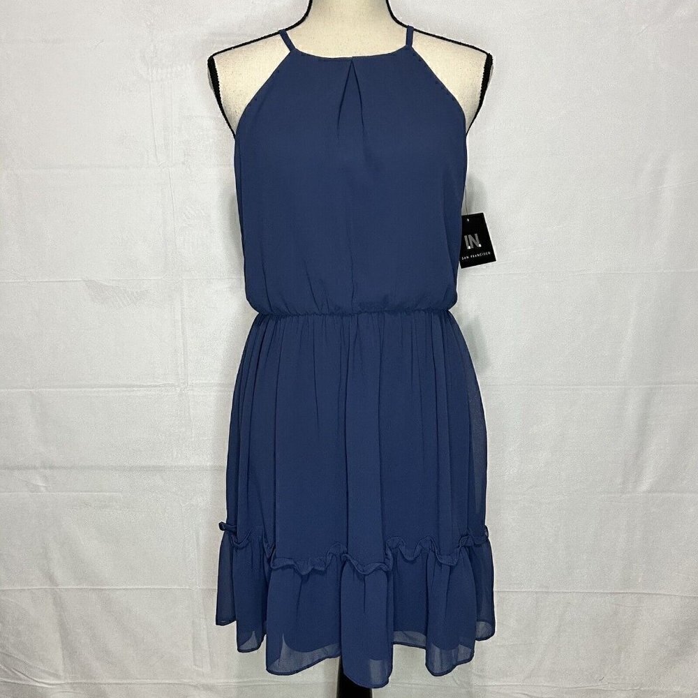 I.N. San Francisco Sleeveless Halter Dress Fit & Flare Navy Blue NWT Sz M